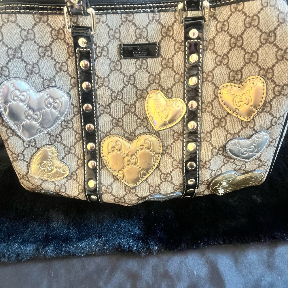 Gucci Cream and Black Tote with Heart Embellishments